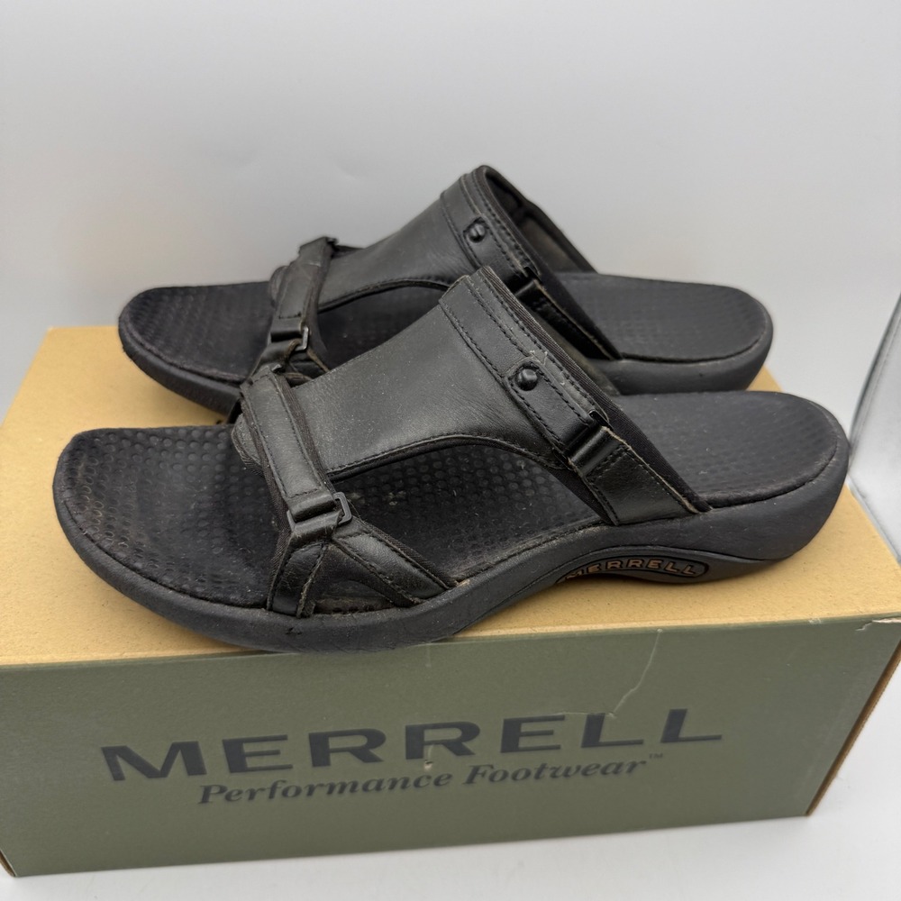 Merrell Glade Slide Sandals Women 7 Black Leather Adjustable Straps Casual